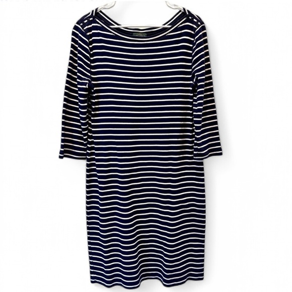 Ralph Lauren Lauren Jeans Co. Navy Blue White Striped Cotton Jersey Dress Large - Picture 1 of 5